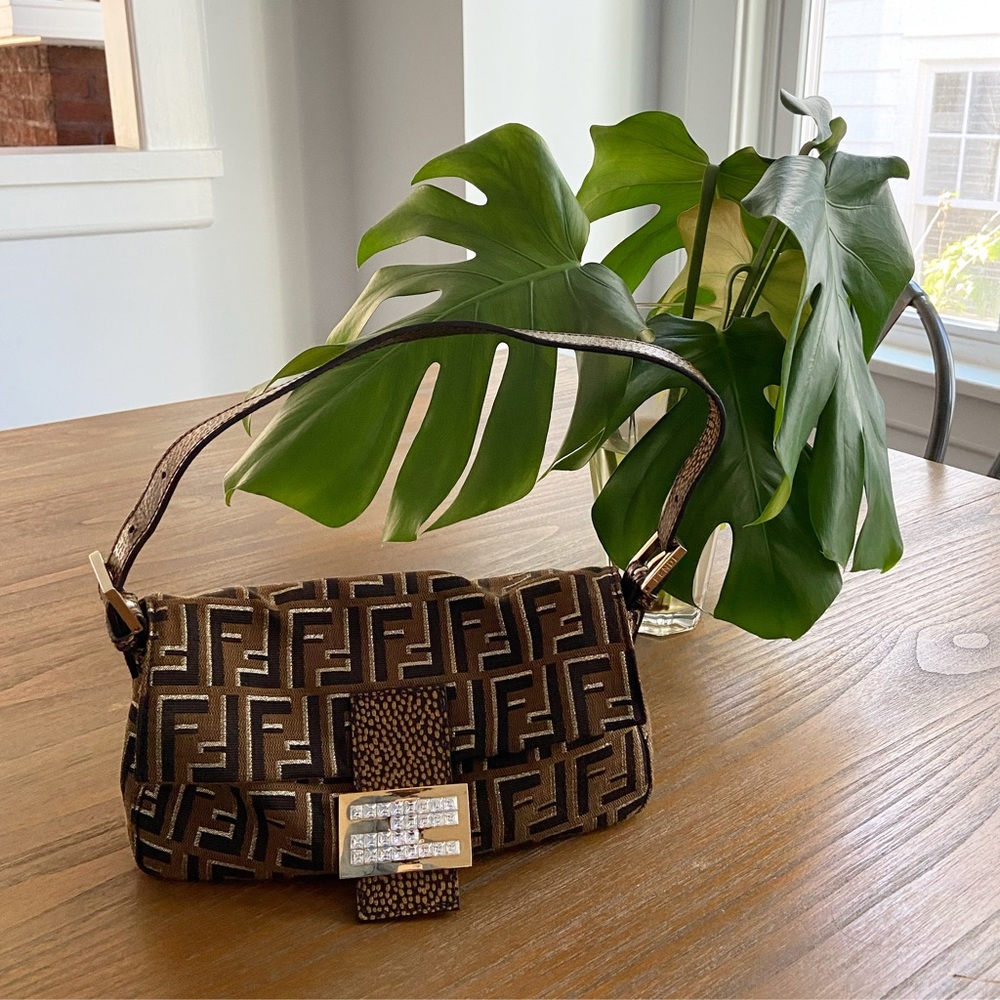 RARE Fendi Swarovski Crystal Zucca Baguette Shoulder Bag